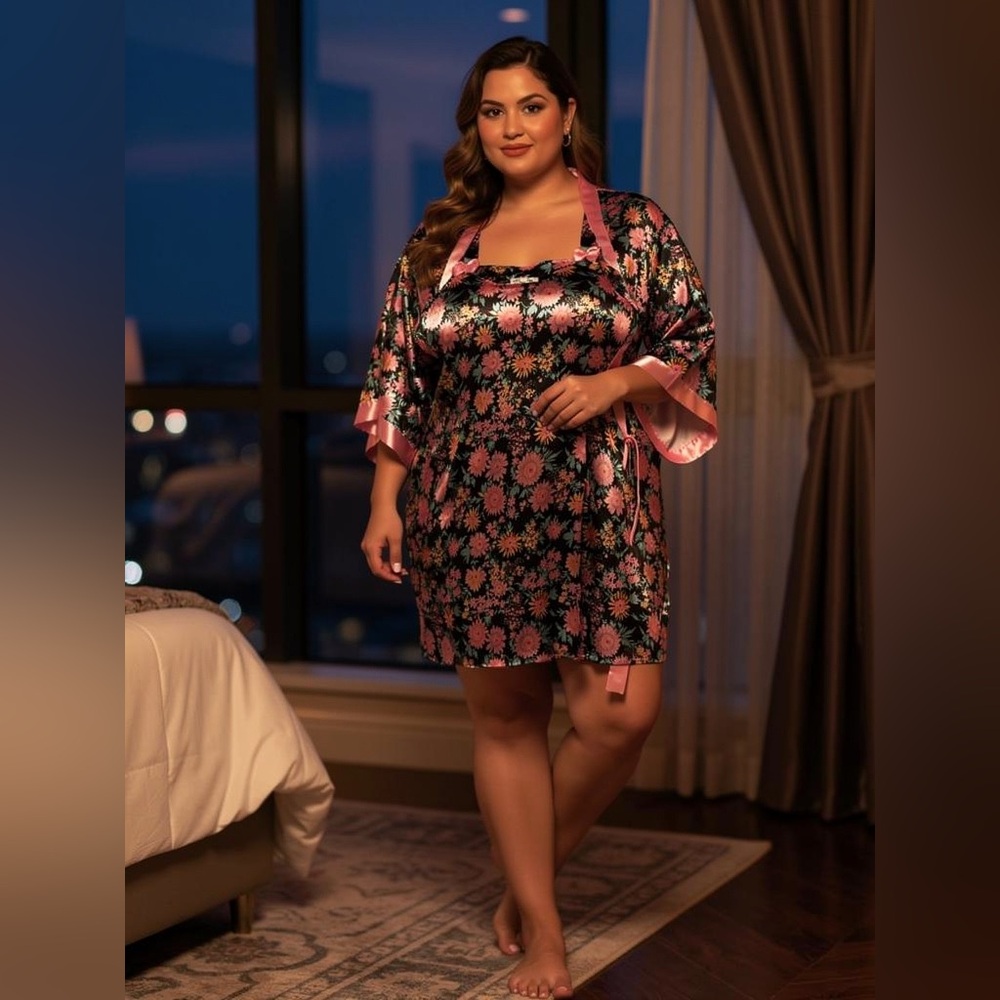 Floral Satin Kimono Robe& gown- Black & Pink (inv# 21)